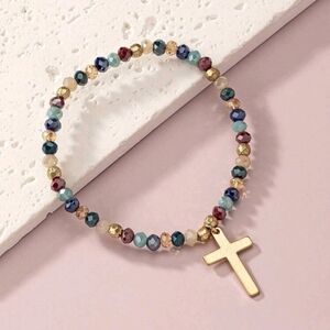 🌻Women's cross & beaded elastic bracelet with colored glass